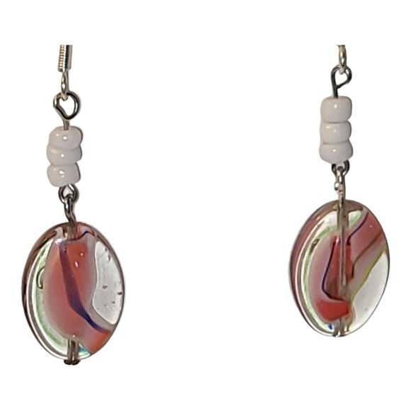 Multi-color Pink White Art Glass Bead Dangle Earrings 925 Sterling Silver 2" - Picture 1 of 5